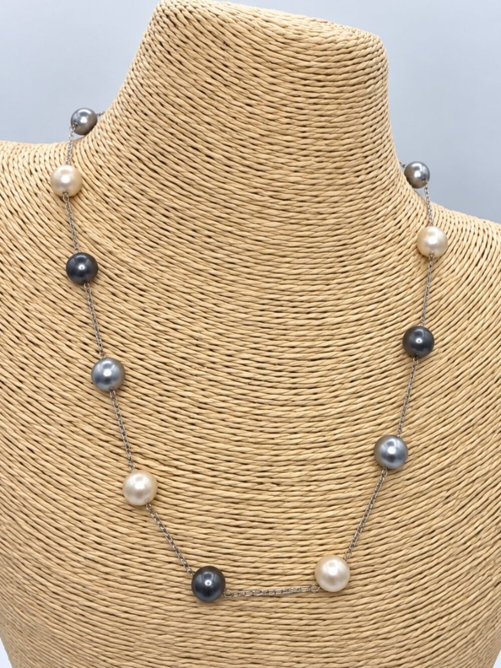 Roman RMN Faux Pearl Station Necklace Silver Gray Ivory